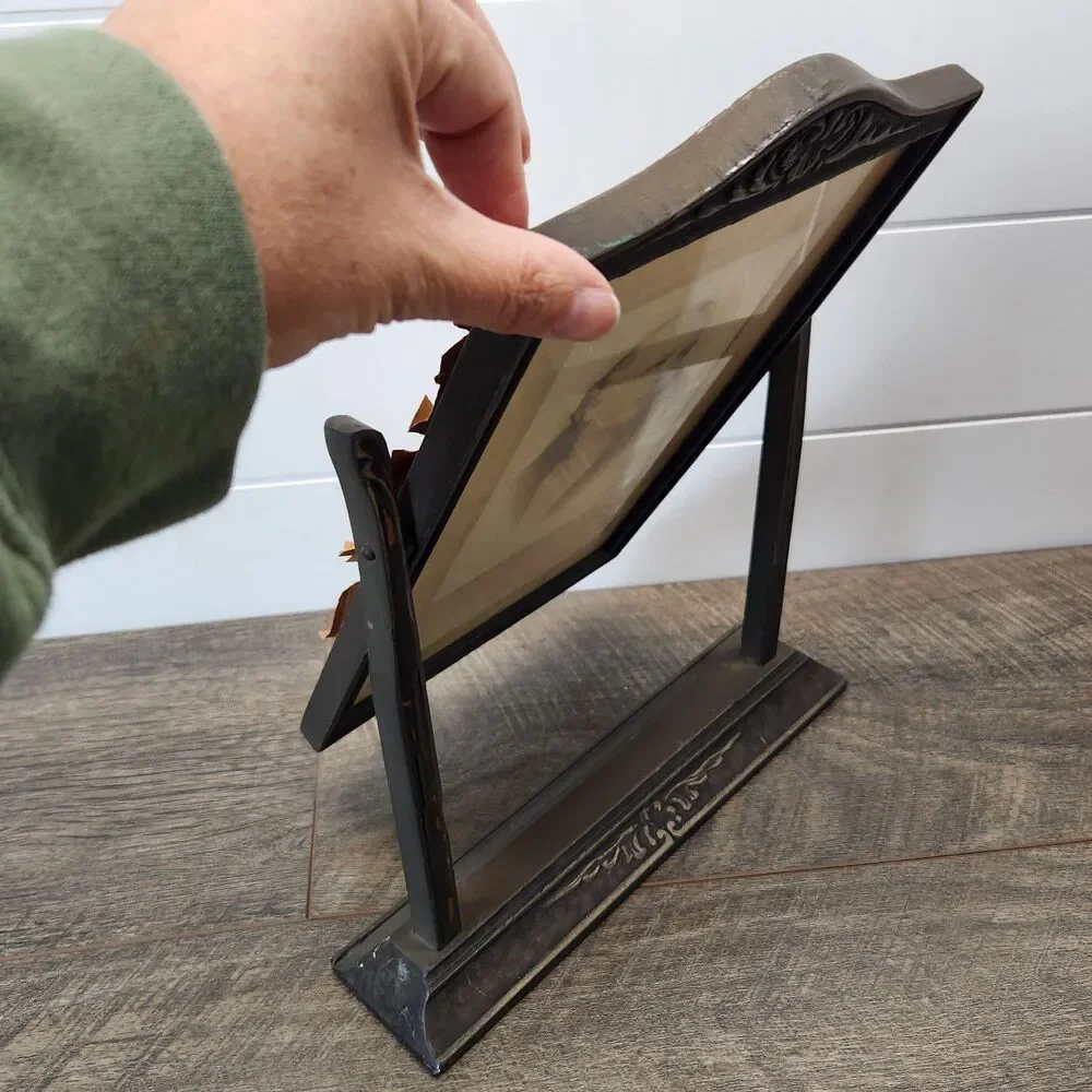 Antique Art Deco Wood Tabletop Swivel Swing Tilt Picture Frame with Photo Signed